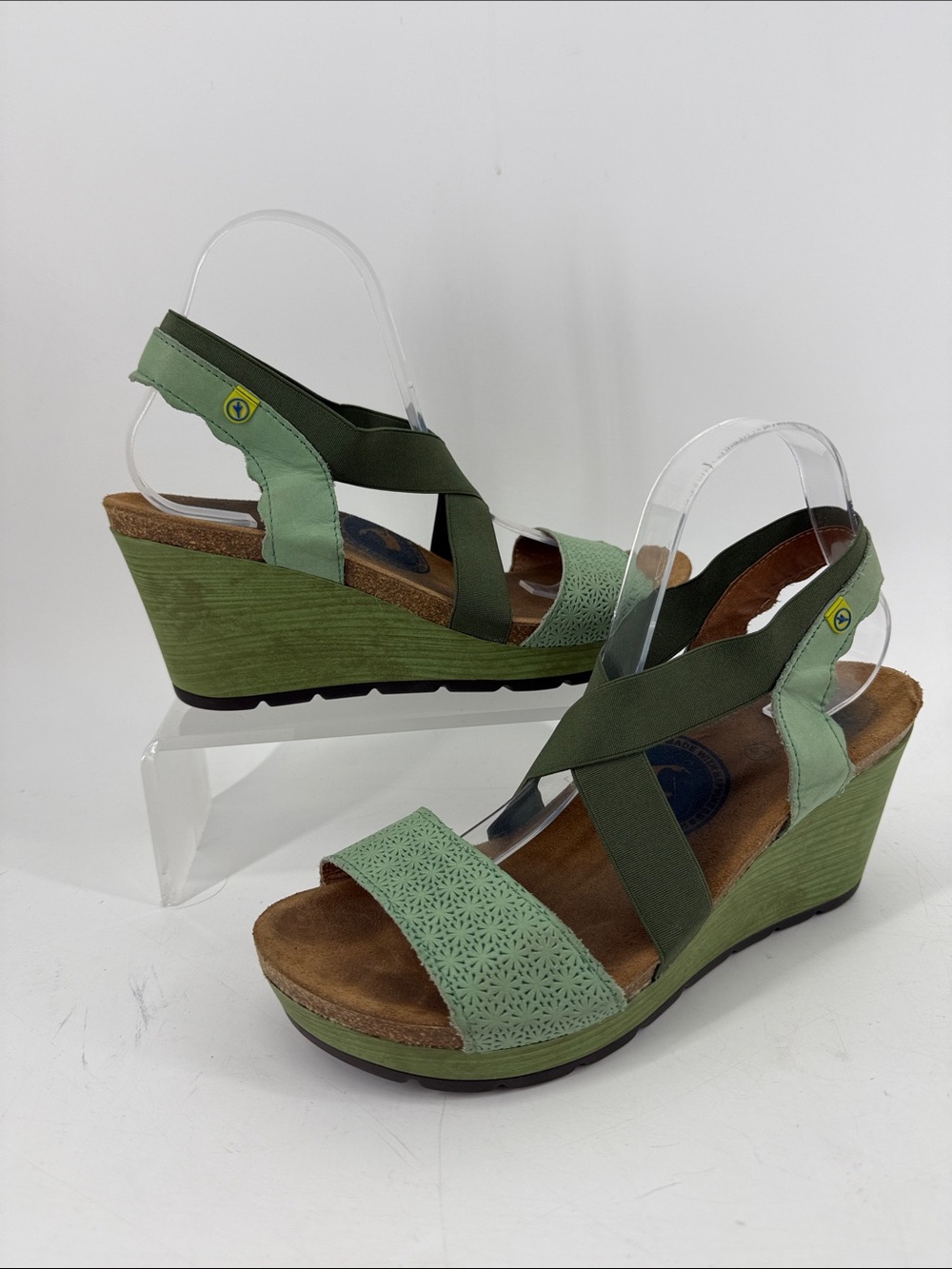 WANDA PANDA Olive Green Wedge Sandals with Elastic Cross Straps